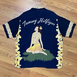 Vintage Tommy Hilfiger Hula Girl Hawaiian Shirt Navy Size XL Floral Tropical